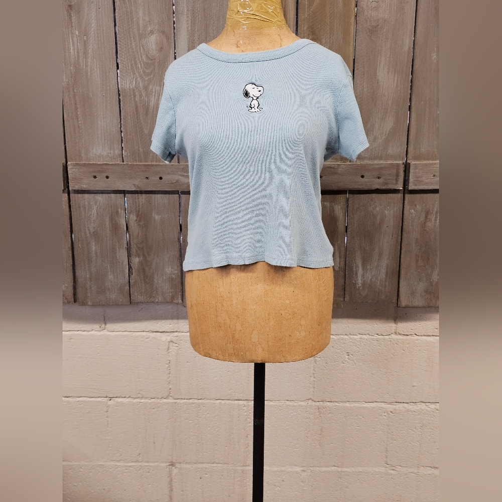 Junior Girls PEANUTS SNOOPY EMBROIDERED BLUE‎ Ribbed CROP TOP Size L 100% Cotton